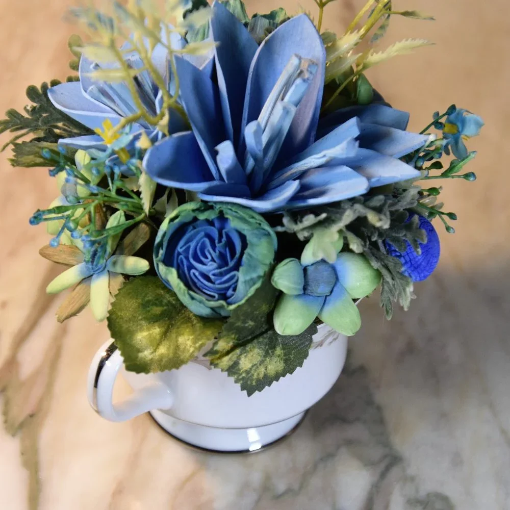 Vintage Sango sugar bowl filled with Sola flowers airbrushed in soothing blues